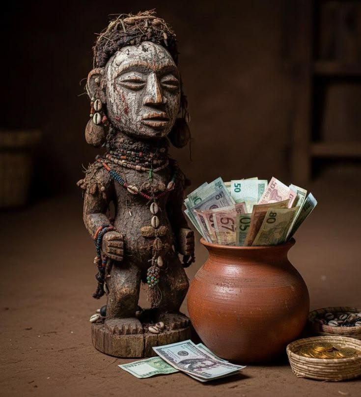 A carved wooden figure beside a clay pot filled with banknotes