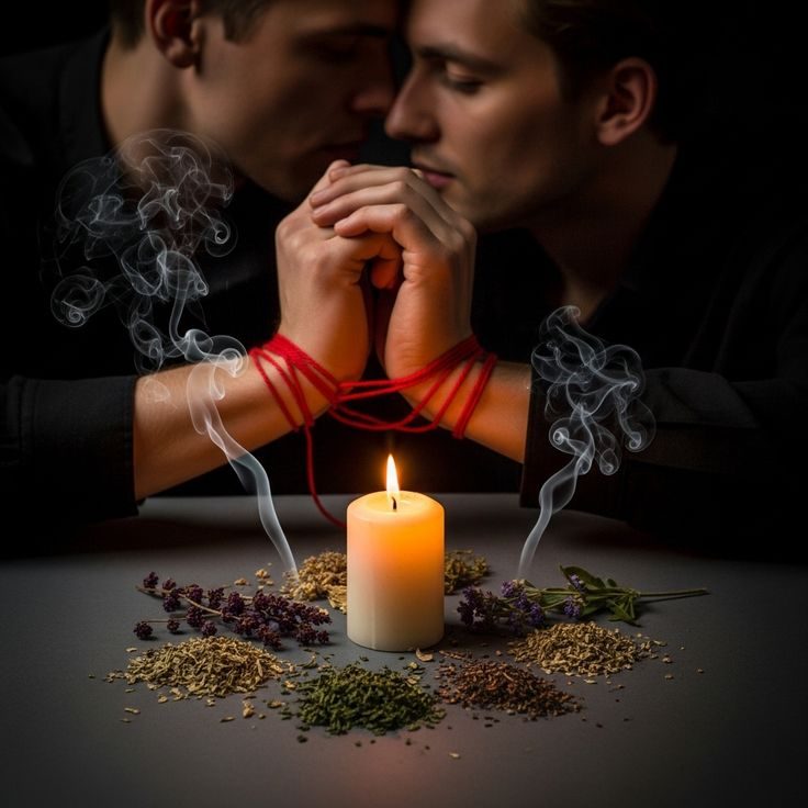 Two people's hands tied with red thread beside a lit candle and herbs