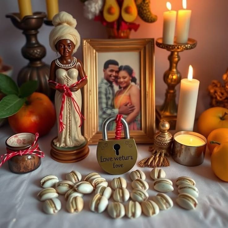 An altar with a couple's photo, a carved figure, candles, fruit and cowrie shells