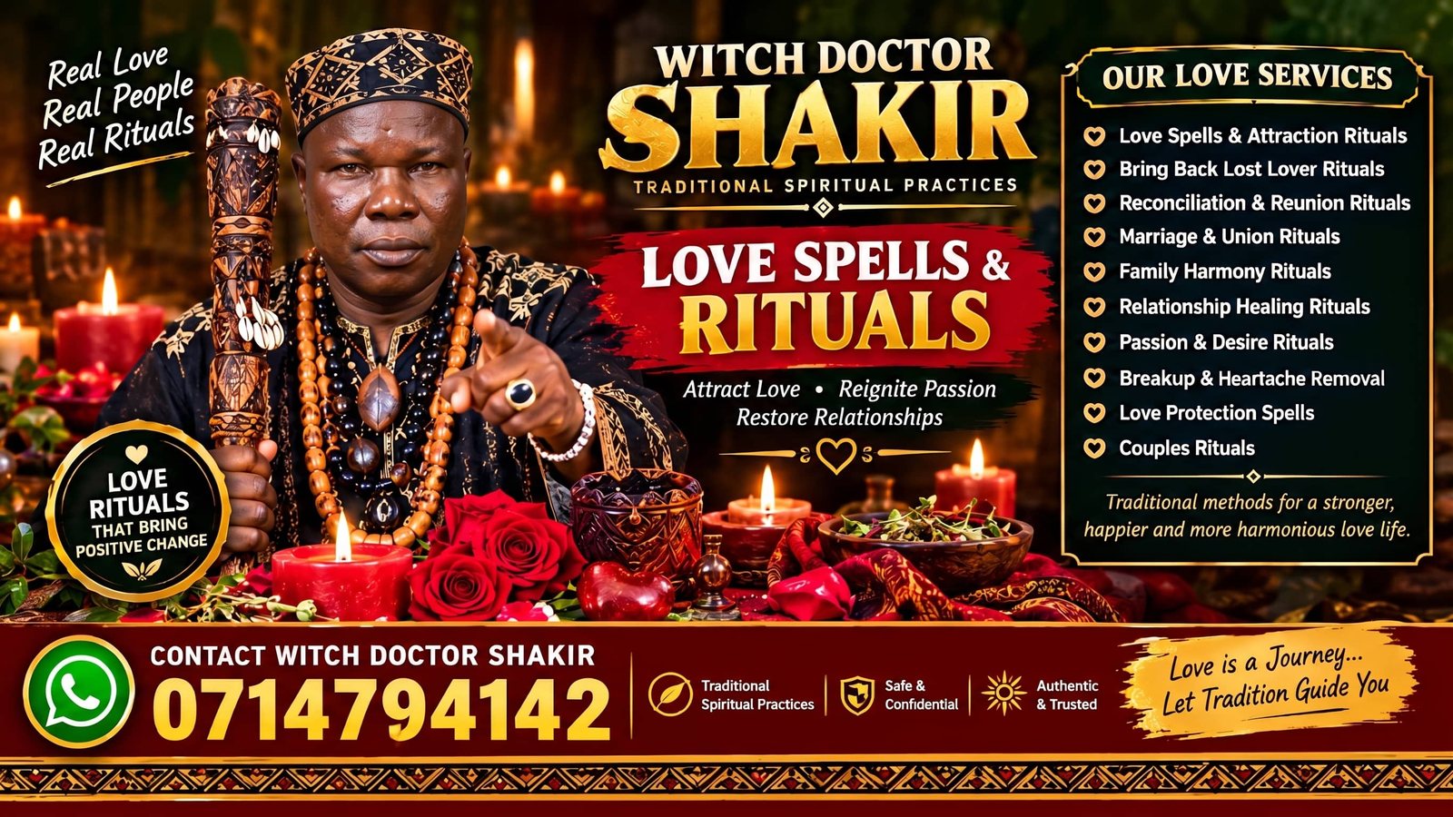 Poster: Witch Doctor Shakir, Love Spells & Rituals. Attract love, reignite passion, restore relationships. Our love services: love spells and attraction rituals, bring back lost lover rituals, reconciliation and reunion rituals, marriage and union rituals, family harmony rituals, relationship healing rituals, passion and desire rituals, breakup and heartache removal, love protection spells and couples rituals. Contact Witch Doctor Shakir on 0714794142.