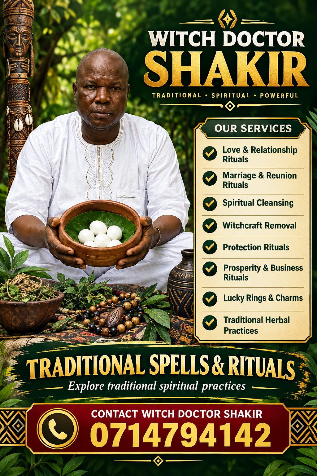 Poster: Witch Doctor Shakir, Traditional Spells & Rituals. Services: love and relationship rituals, marriage and reunion rituals, spiritual cleansing, witchcraft removal, protection rituals, prosperity and business rituals, lucky rings and charms, and traditional herbal practices. Contact 0714794142.