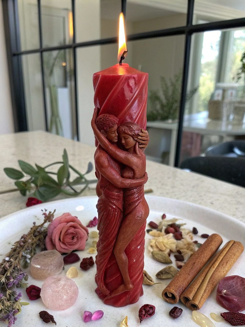 A red candle shaped like an embracing couple, on a plate with roses, rose quartz, cinnamon and dried herbs