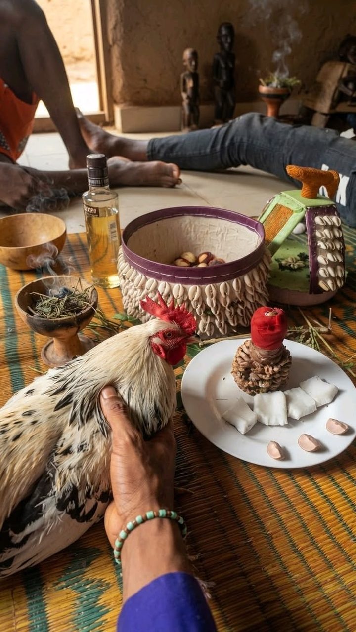 A white rooster held beside a cowrie-shell basket, a plate of kola nuts and coconut, and herbs smoking in clay bowls on a woven mat